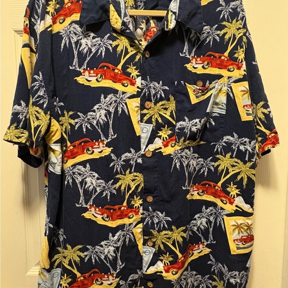 Vtg Knightsbridge 2X Hawaiian Shirt Palm Trees Cars Rayon Camp Collar - Picture 1 of 6